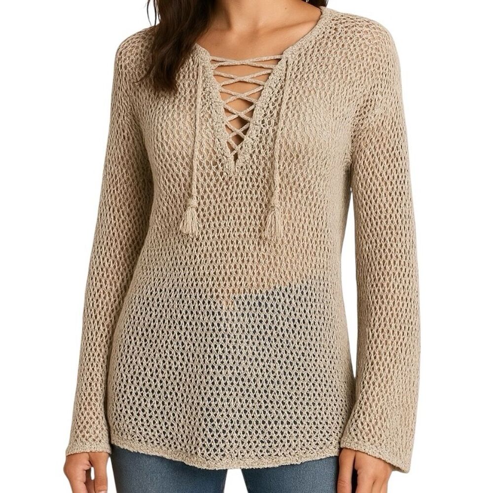 LOFT Women's Beige Lace-Up V-Neck Open Weave Sweater Size L